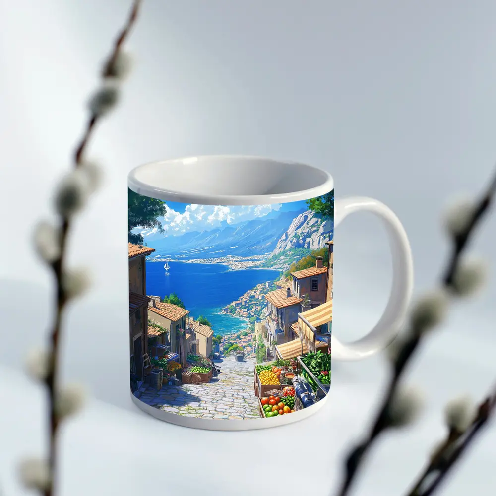Mediterranean Coastal Village Street Anime Art – Mugs