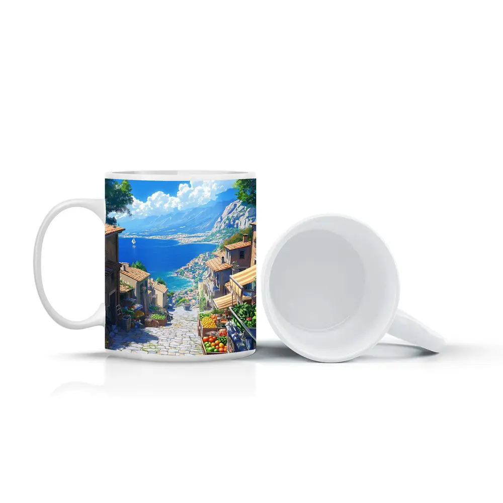 Mediterranean Coastal Village Street Anime Art – Mugs