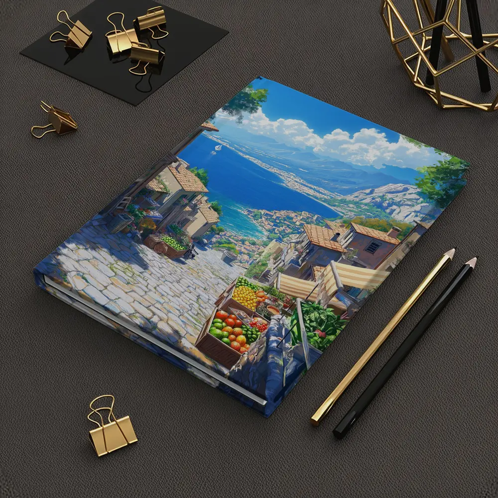 Mediterranean Coastal Village Street Anime Art – Notebooks