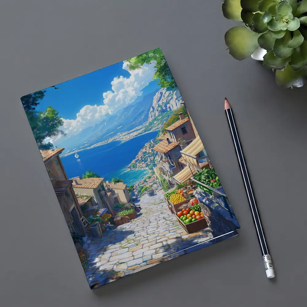 Mediterranean Coastal Village Street Anime Art – Notebooks