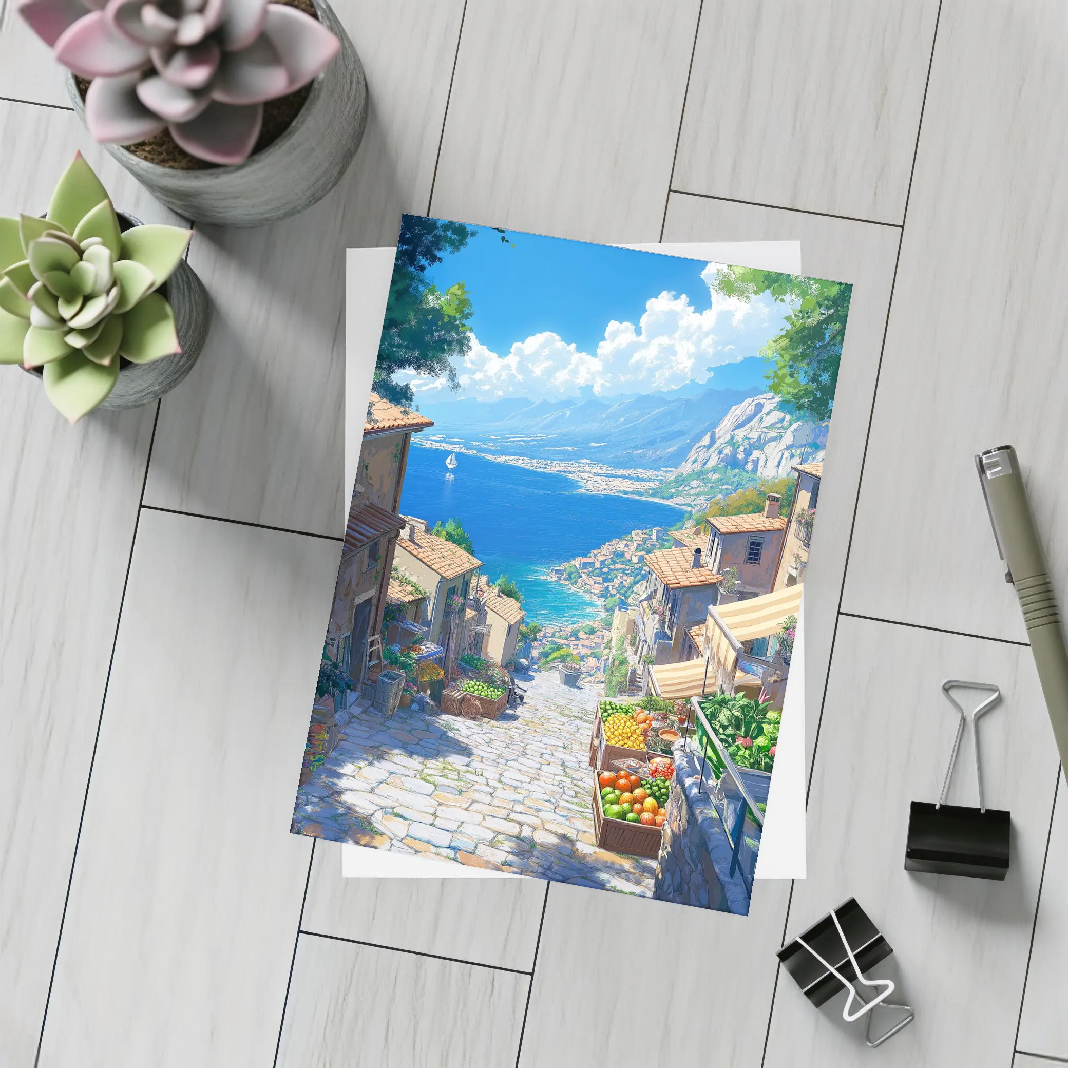 Mediterranean Coastal Village Street Anime Art – Postcards