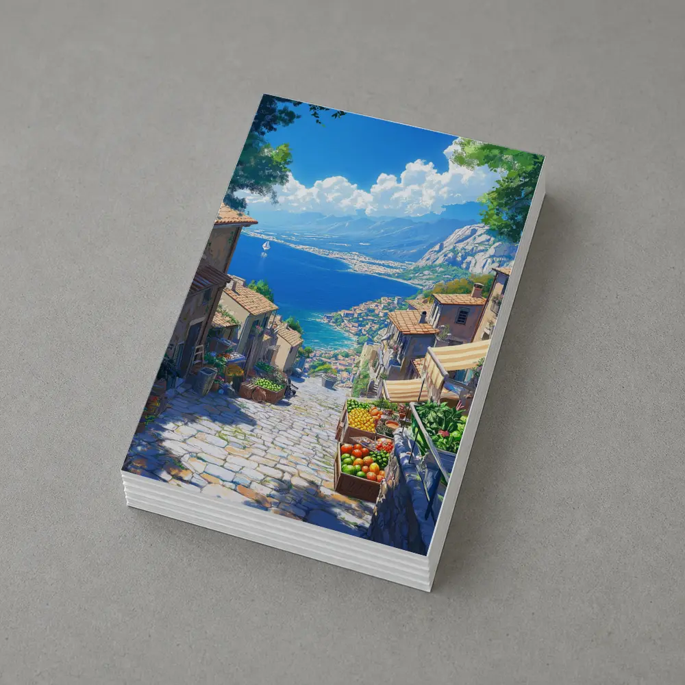 Mediterranean Coastal Village Street Anime Art – Postcards