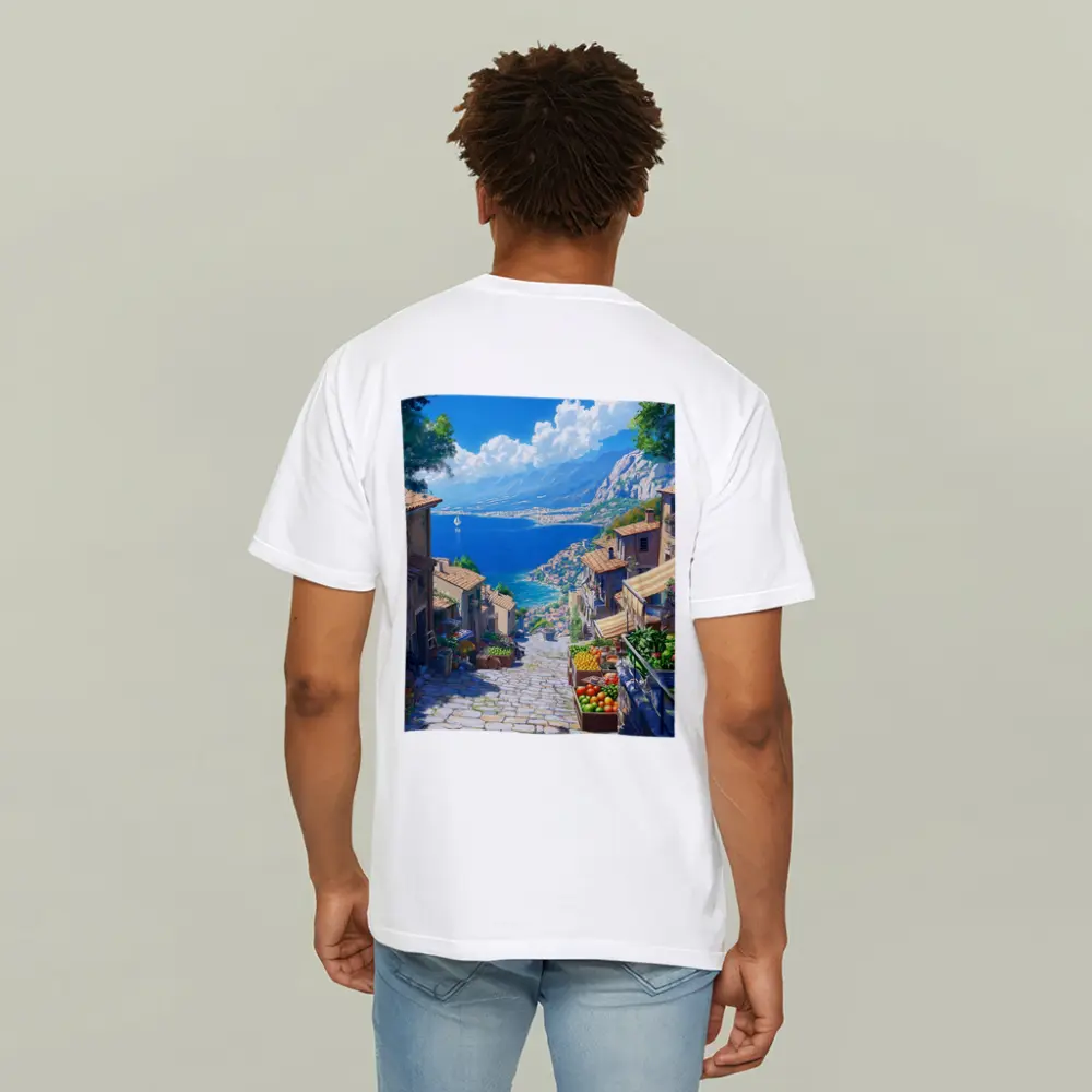 Mediterranean Coastal Village Street Anime Art – T-Shirts