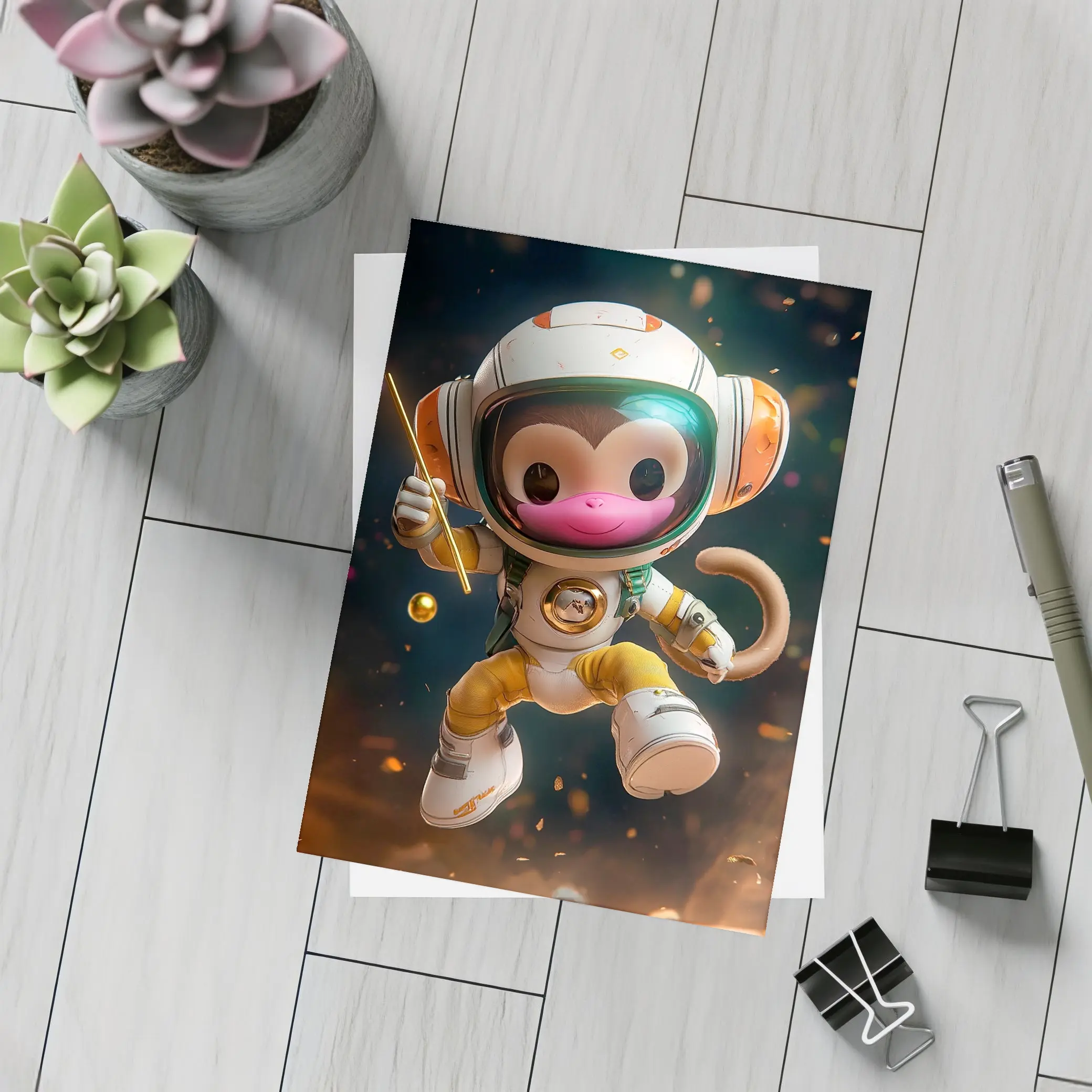 Cute Monkey Astronaut Floating In Space – Postcards