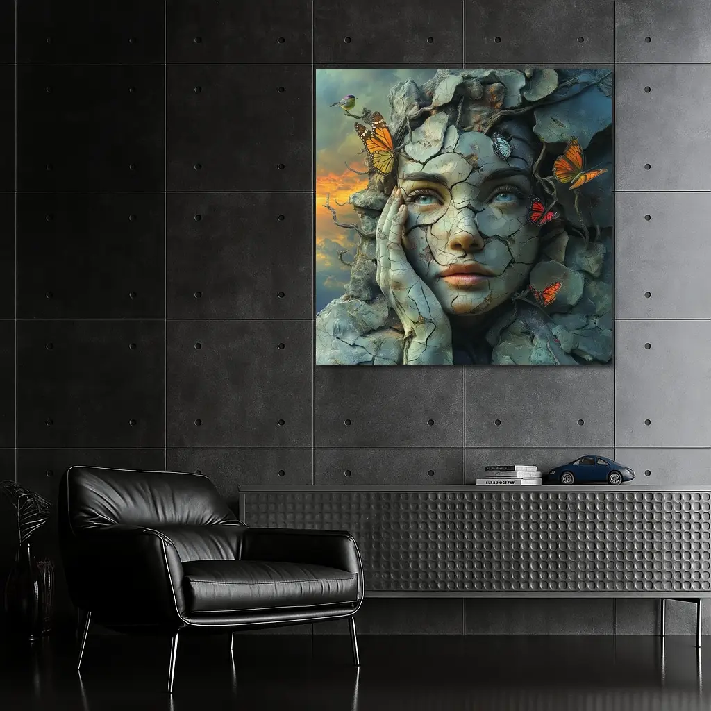 Cracked Stone Woman Face Butterflies Surreal Art – Wall Art