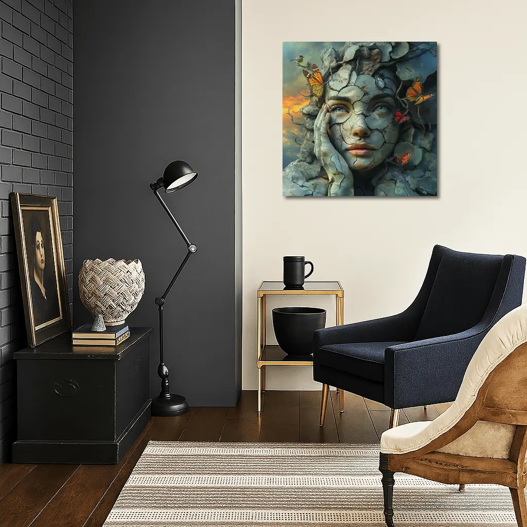 Cracked Stone Woman Face Butterflies Surreal Art – Wall Art