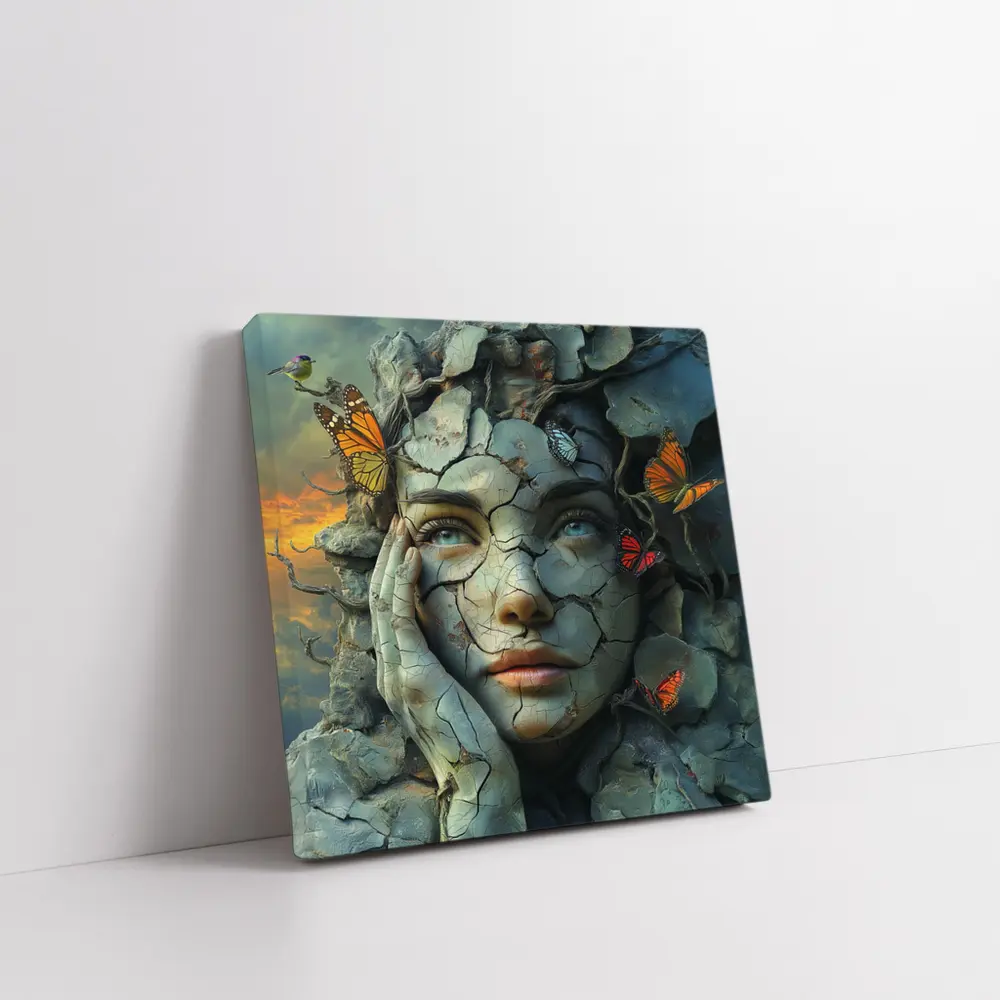 Cracked Stone Woman Face Butterflies Surreal Art – Wall Art