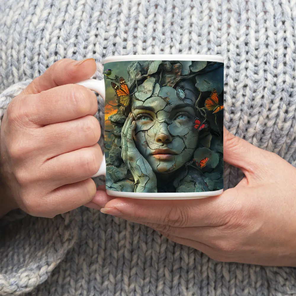 Cracked Stone Woman Face Butterflies Surreal Art – Mugs