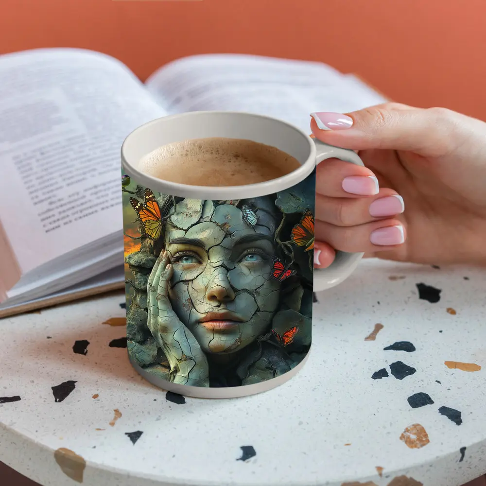 Cracked Stone Woman Face Butterflies Surreal Art – Mugs