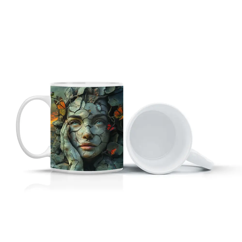 Cracked Stone Woman Face Butterflies Surreal Art – Mugs