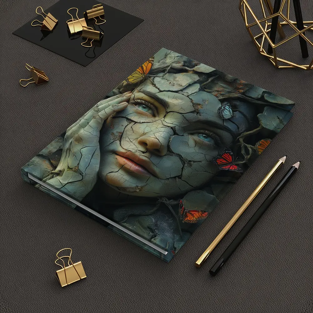 Cracked Stone Woman Face Butterflies Surreal Art – Notebooks