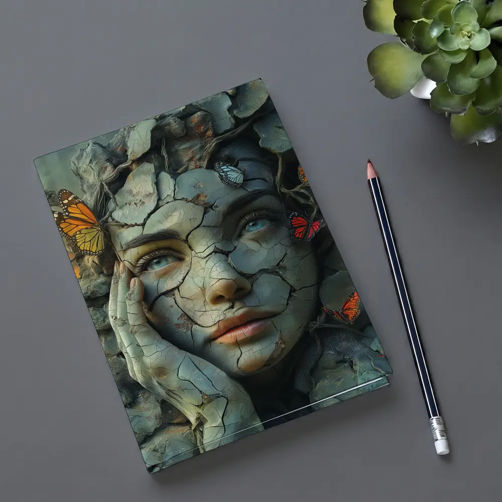 Cracked Stone Woman Face Butterflies Surreal Art – Notebooks