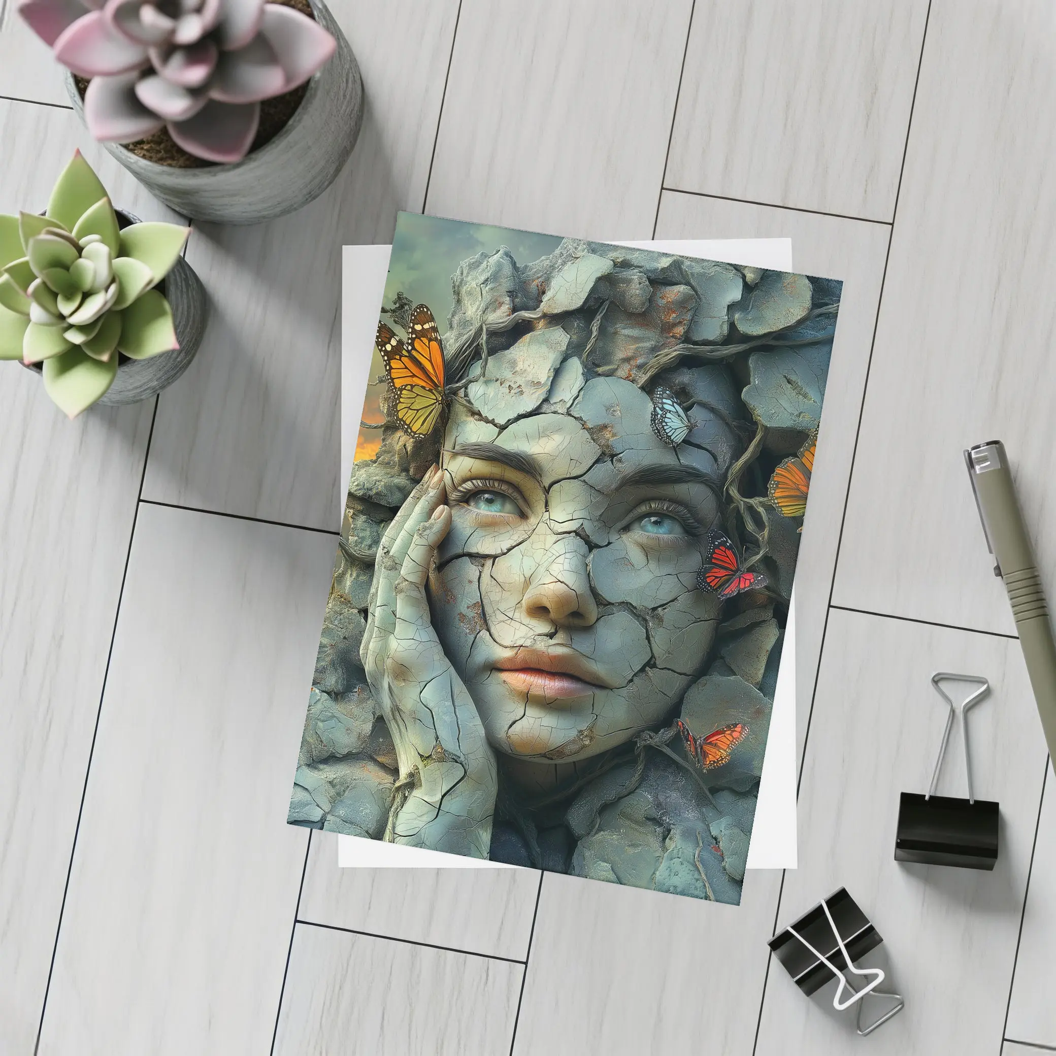 Cracked Stone Woman Face Butterflies Surreal Art – Postcards