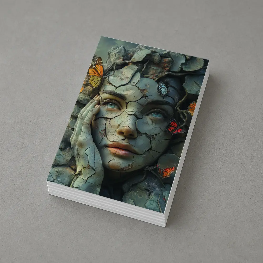 Cracked Stone Woman Face Butterflies Surreal Art – Postcards