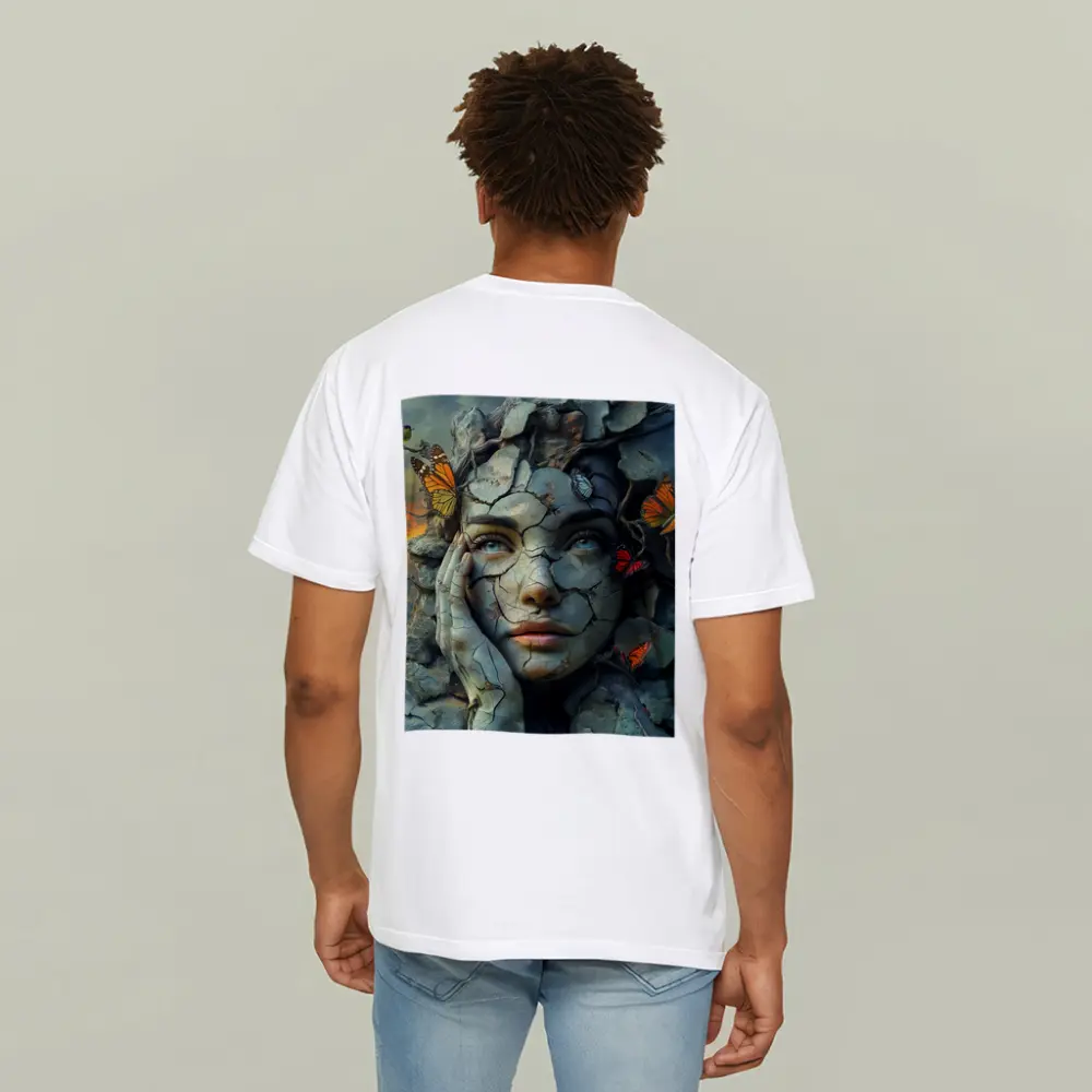 Cracked Stone Woman Face Butterflies Surreal Art – T-Shirts