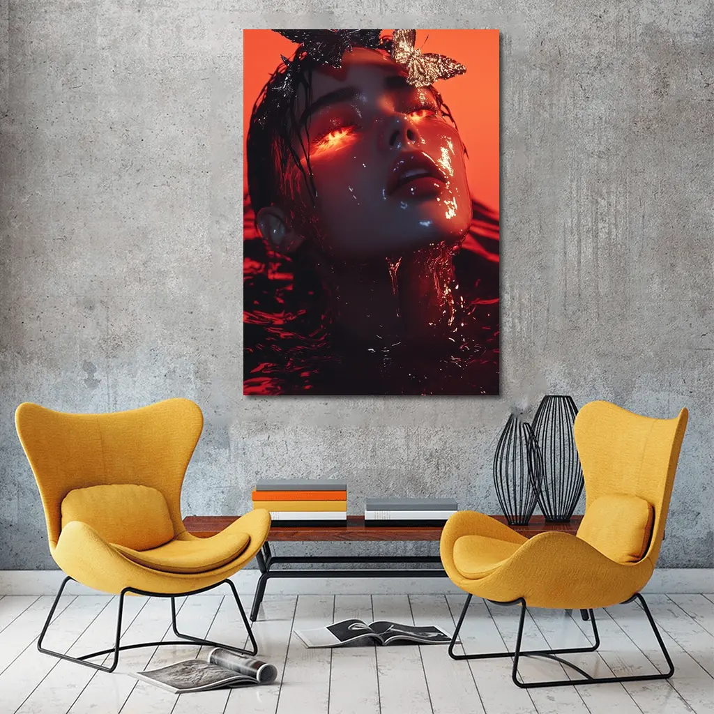 Woman Rising From Water Red Butterflies – Wall Art