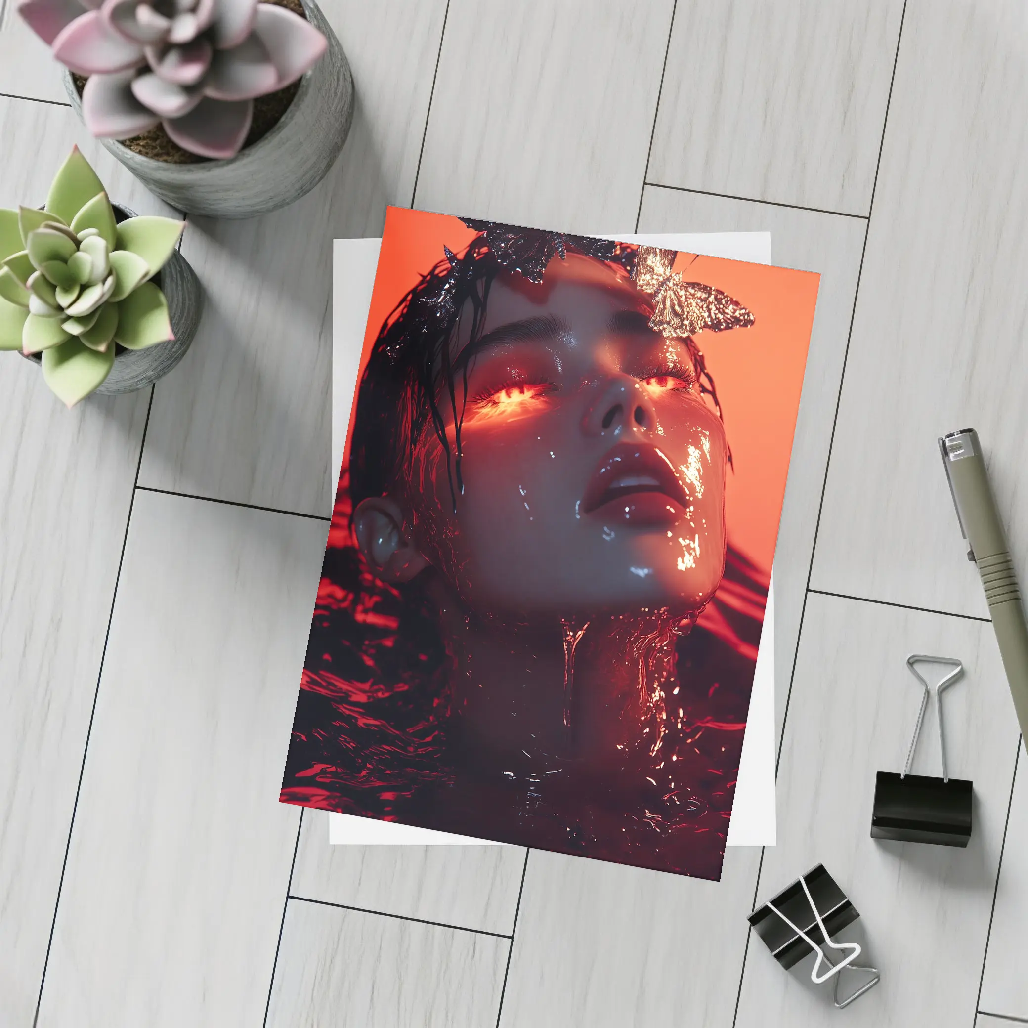 Woman Rising From Water Red Butterflies – Postcards
