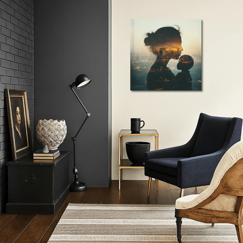 Mother and Child Double Exposure City Sunset – Wall Art