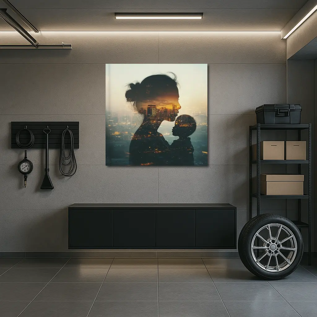 Mother and Child Double Exposure City Sunset – Wall Art