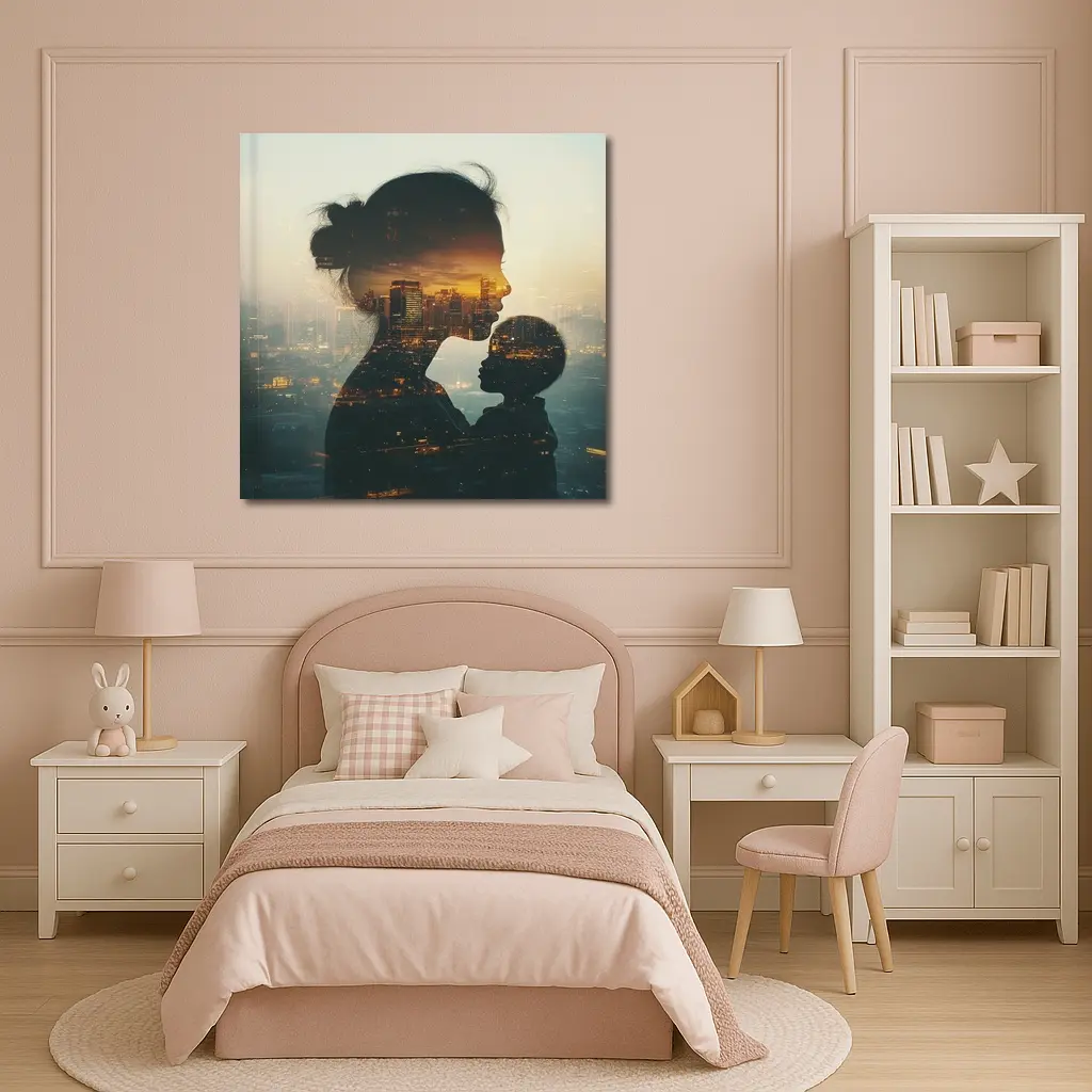 Mother and Child Double Exposure City Sunset – Wall Art