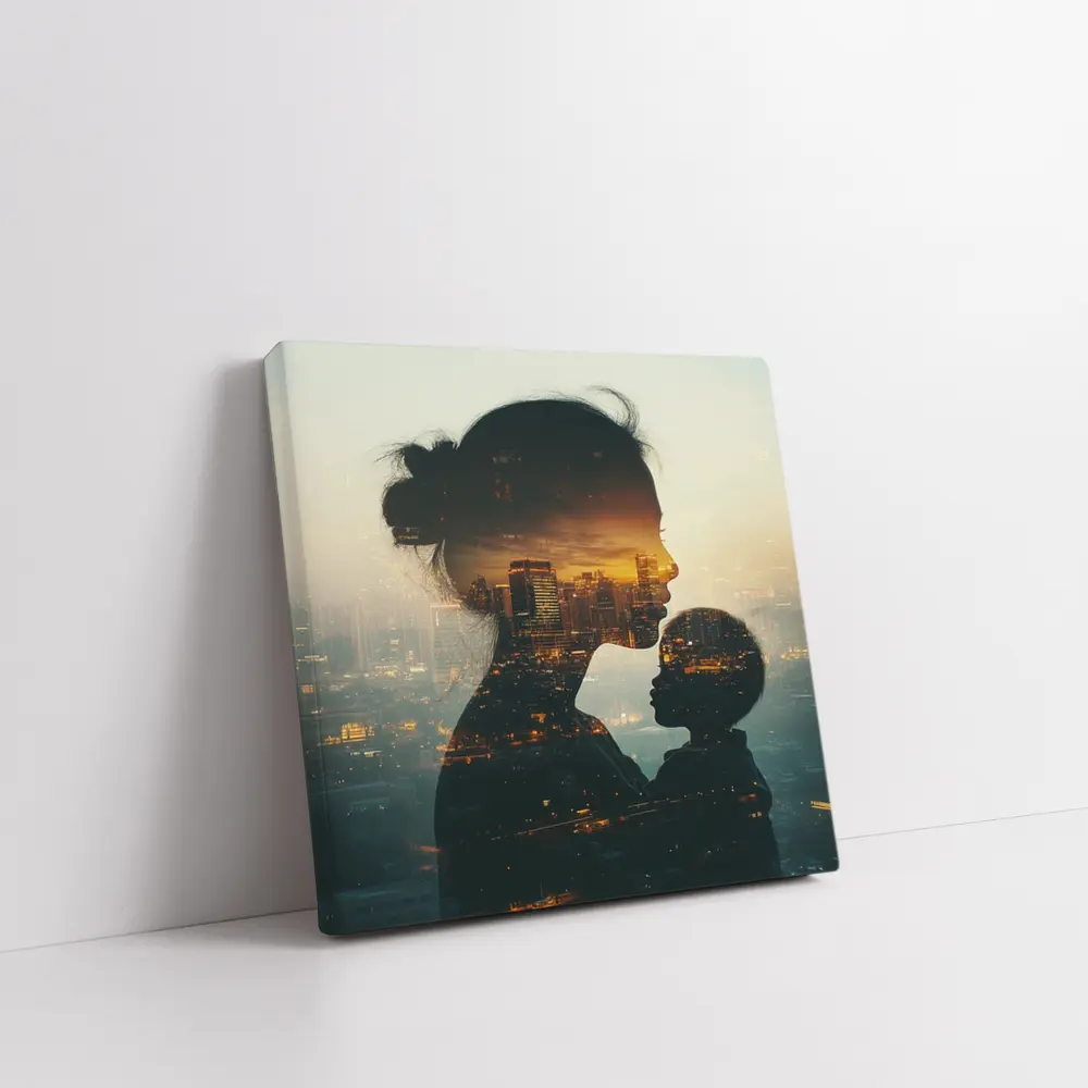 Mother and Child Double Exposure City Sunset – Wall Art