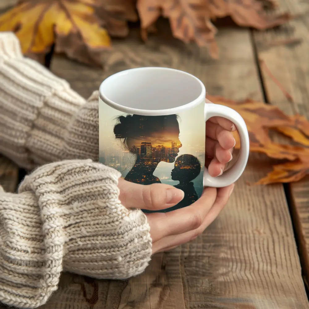Mother and Child Double Exposure City Sunset – Mugs