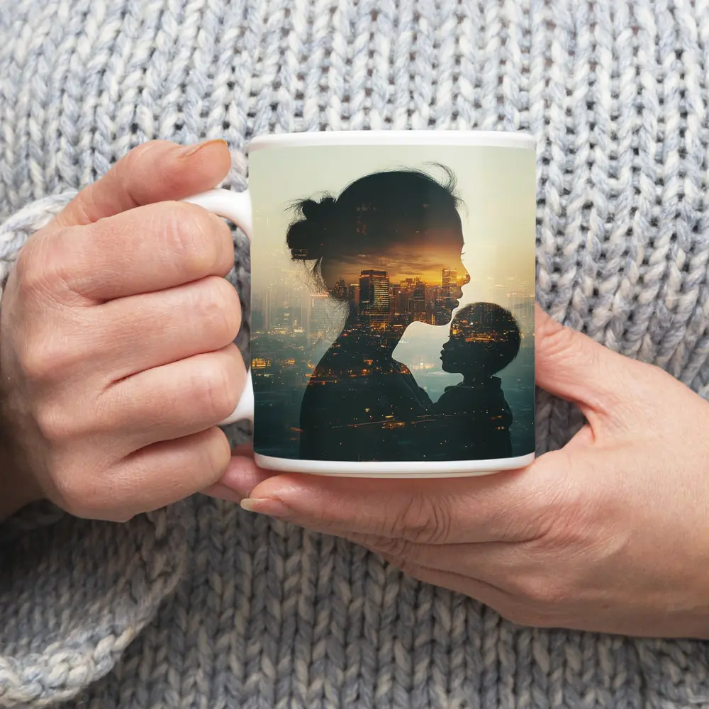 Mother and Child Double Exposure City Sunset – Mugs