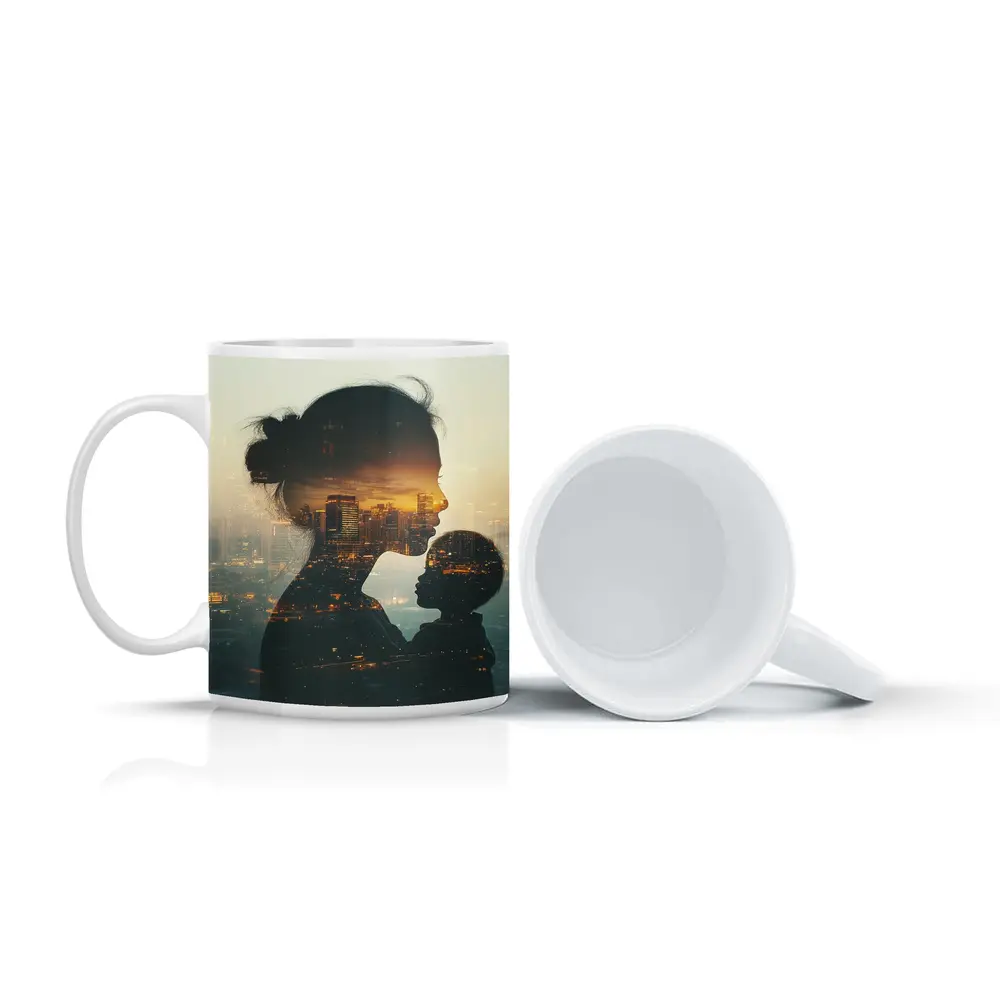Mother and Child Double Exposure City Sunset – Mugs