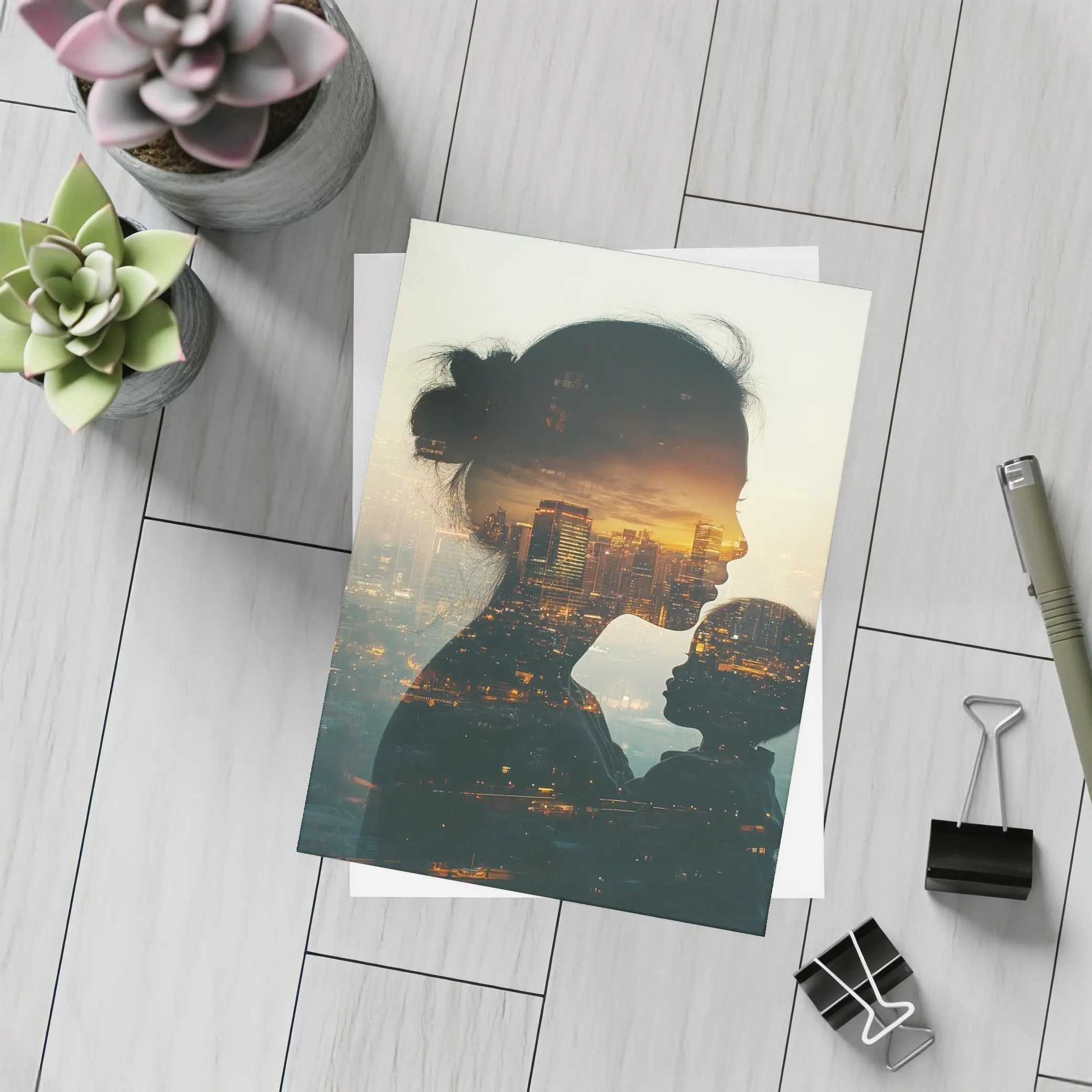 Mother and Child Double Exposure City Sunset – Postcards