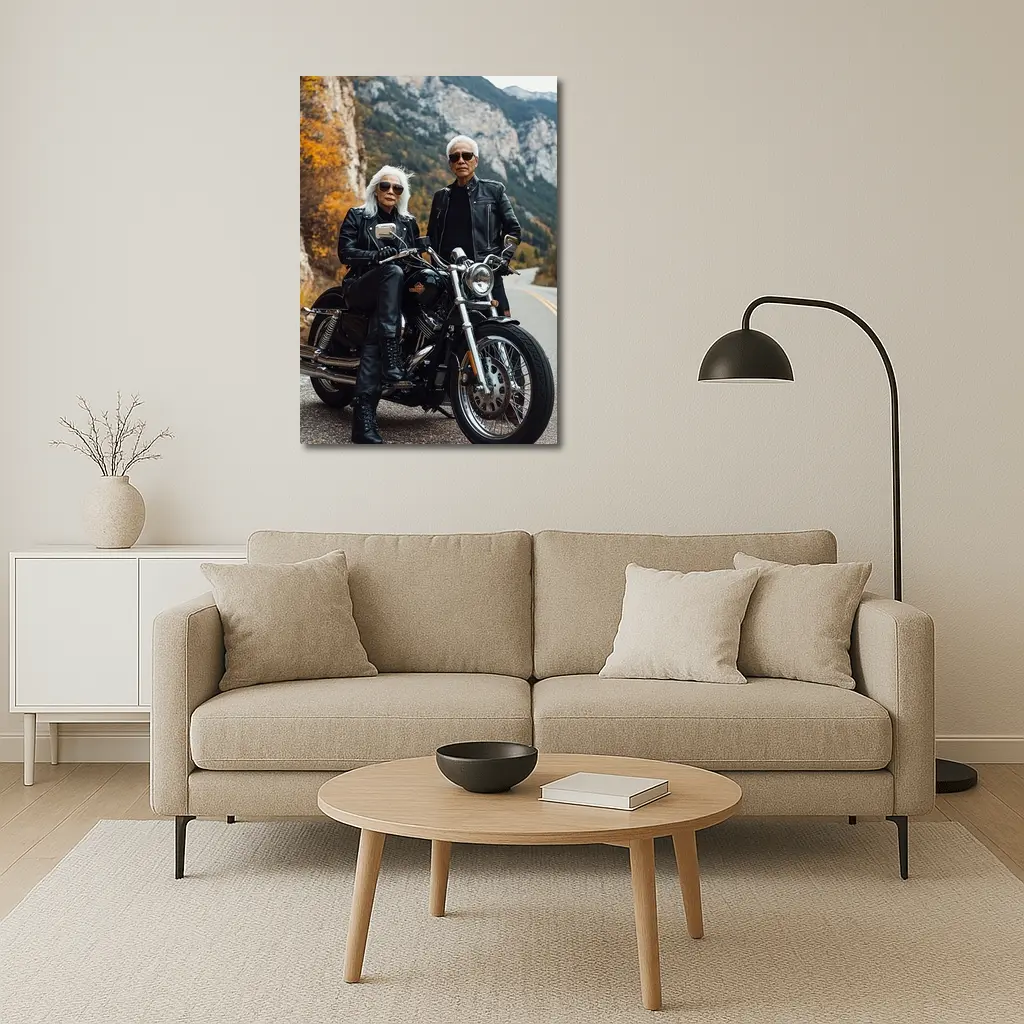 Older Couple Posing With Harley Davidson Mountain Road – Wall Art
