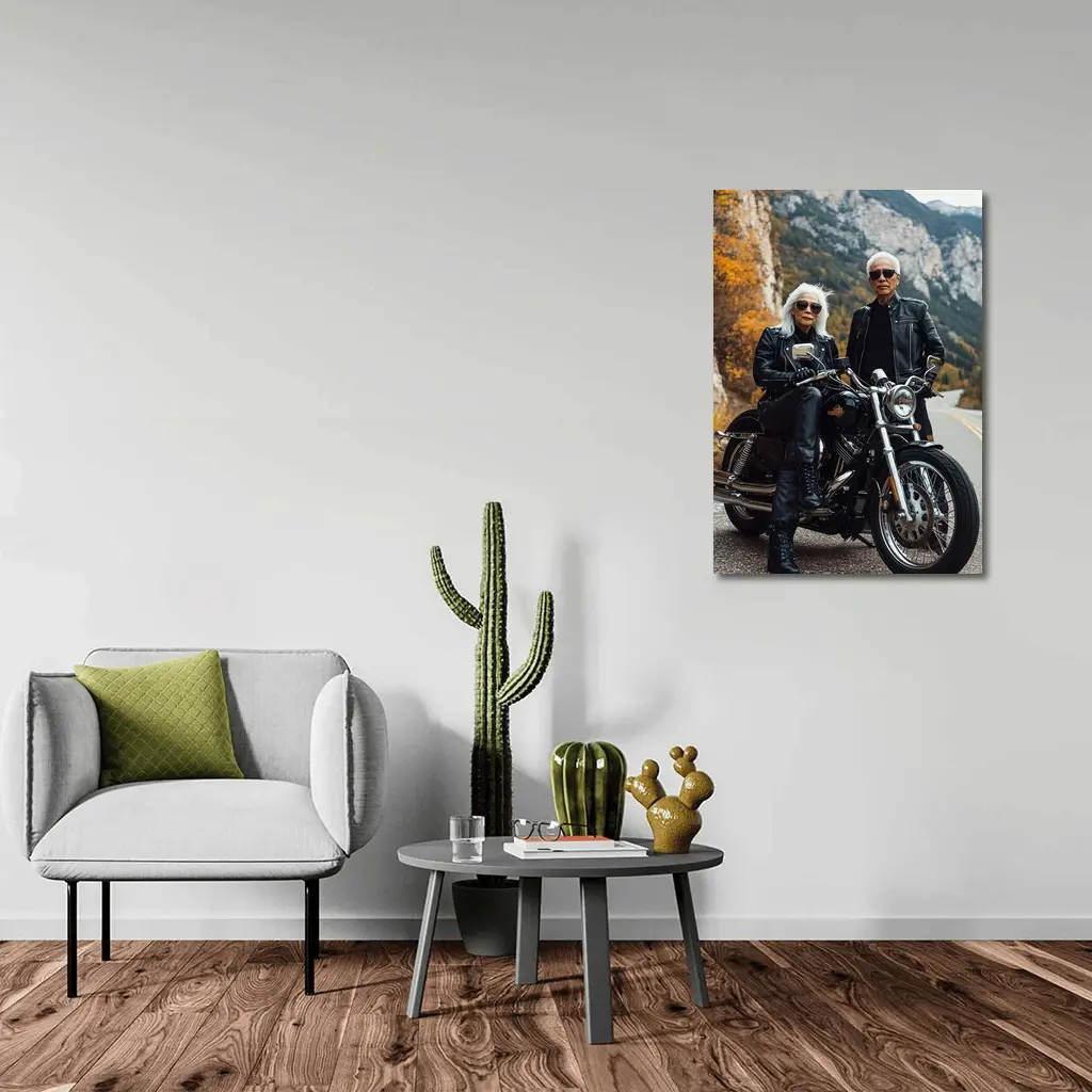 Older Couple Posing With Harley Davidson Mountain Road – Wall Art