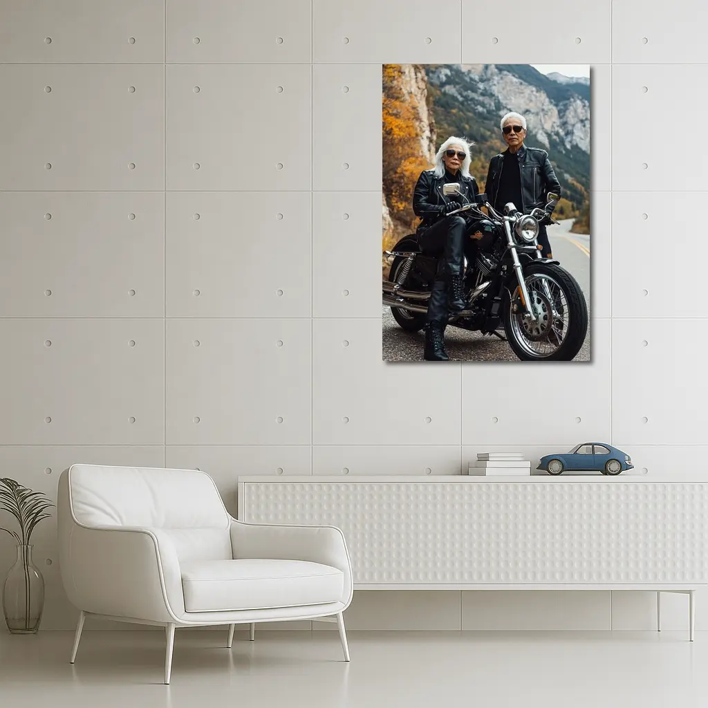 Older Couple Posing With Harley Davidson Mountain Road – Wall Art