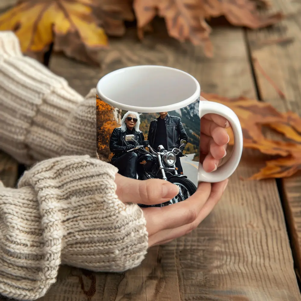 Older Couple Posing With Harley Davidson Mountain Road – Mugs