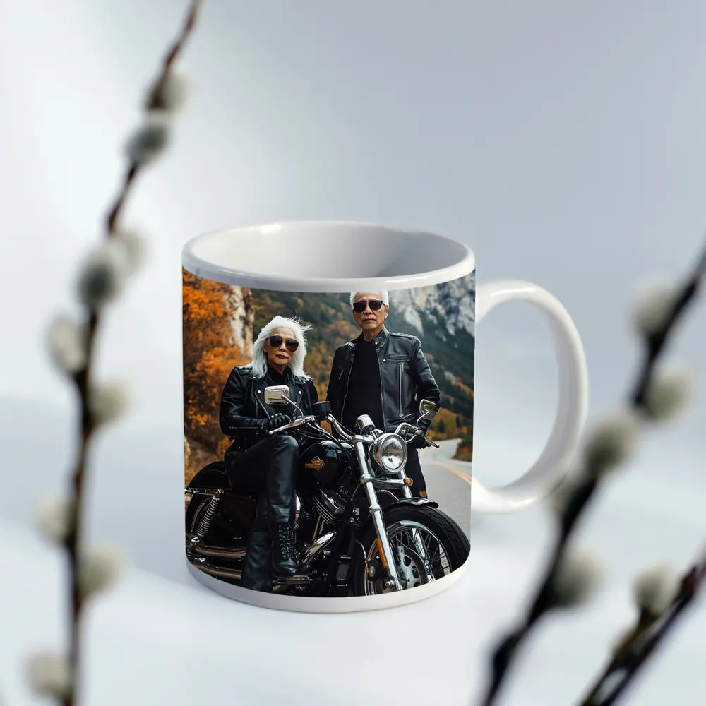 Older Couple Posing With Harley Davidson Mountain Road – Mugs