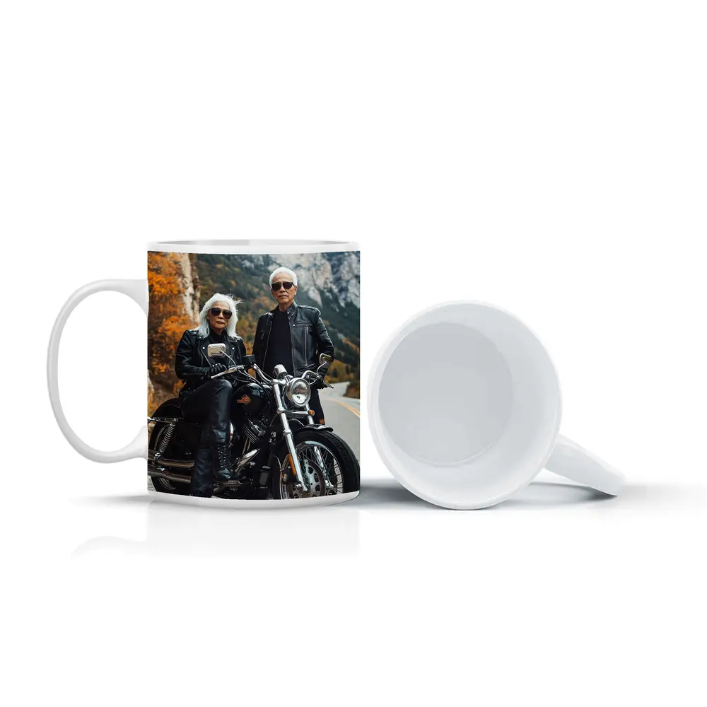 Older Couple Posing With Harley Davidson Mountain Road – Mugs