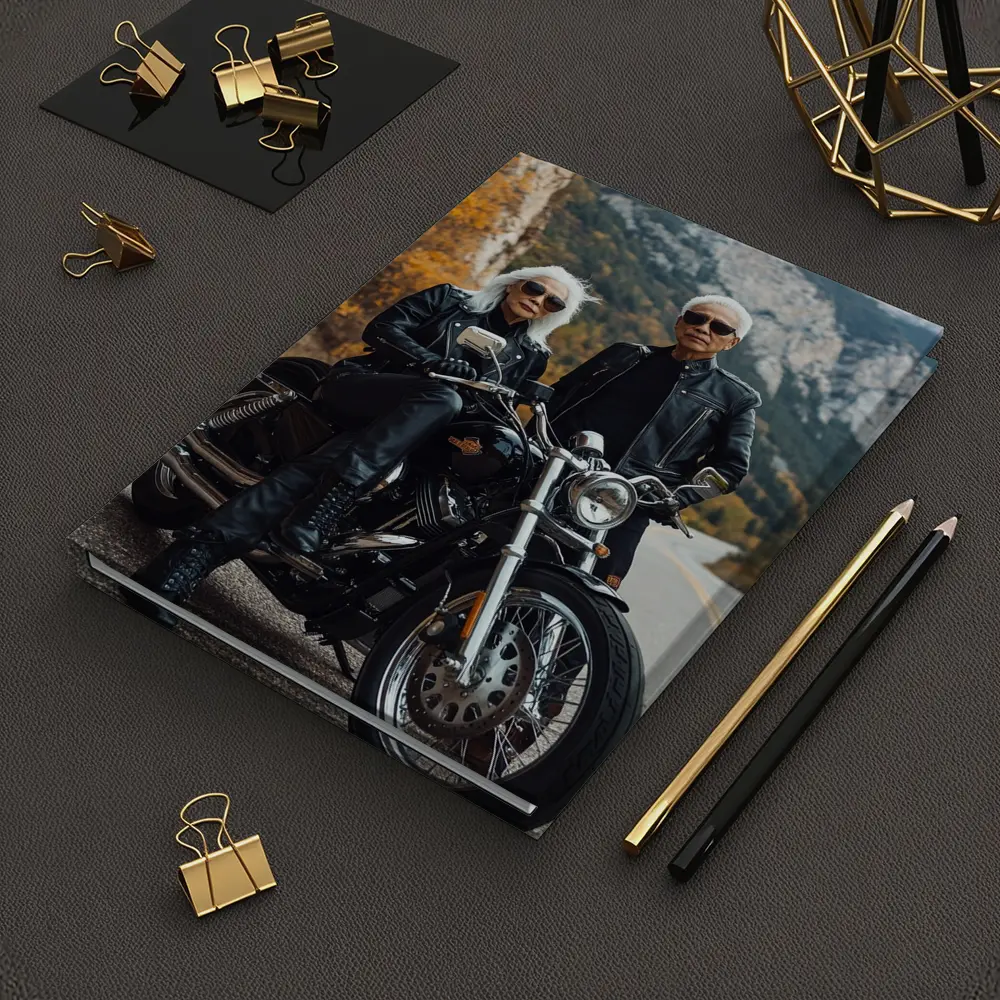 Older Couple Posing With Harley Davidson Mountain Road – Notebooks