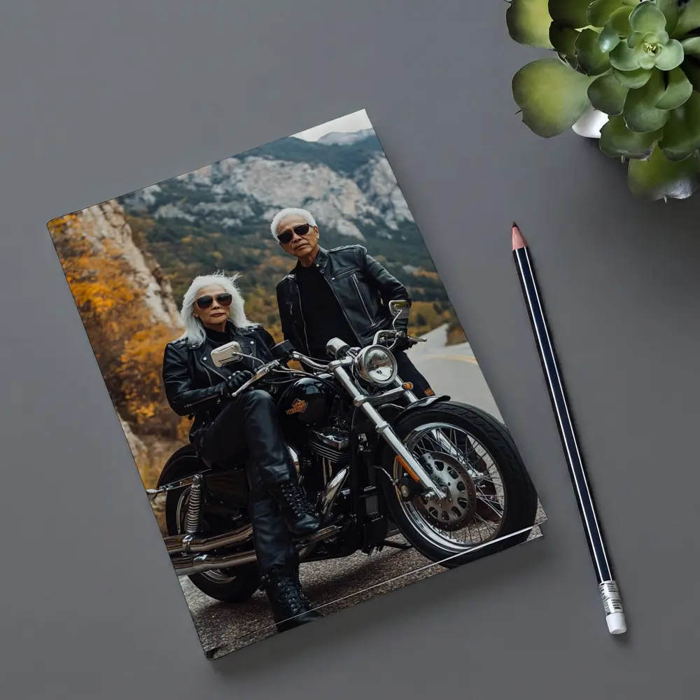 Older Couple Posing With Harley Davidson Mountain Road – Notebooks