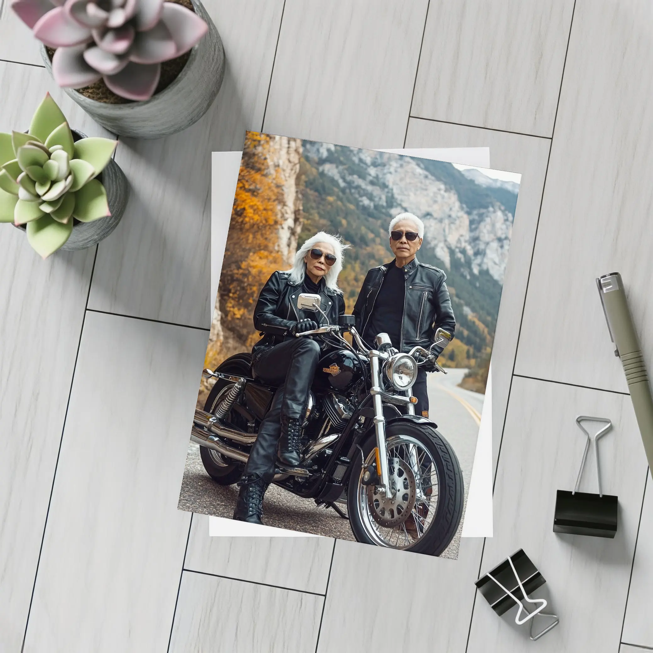 Older Couple Posing With Harley Davidson Mountain Road – Postcards