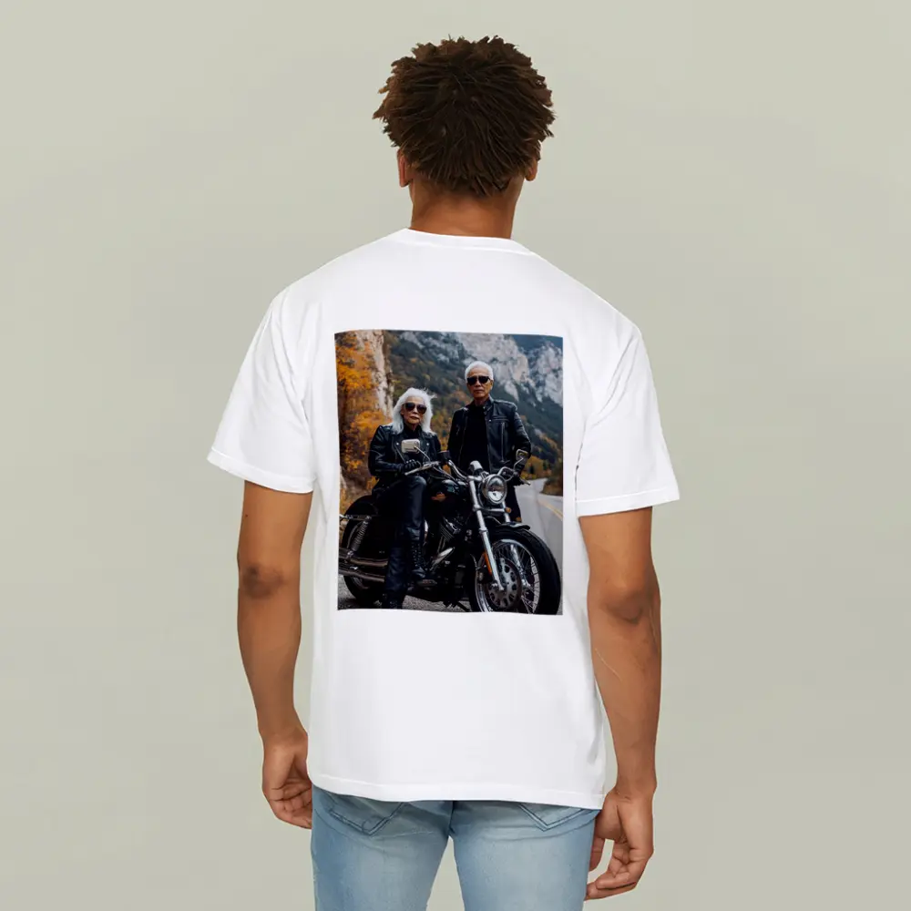 Older Couple Posing With Harley Davidson Mountain Road – T-Shirts