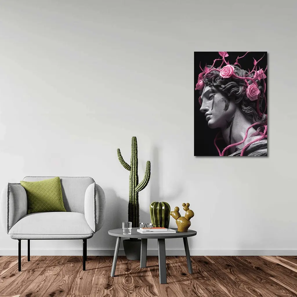 Greek Statue Pink Roses Dark Background – Wall Art