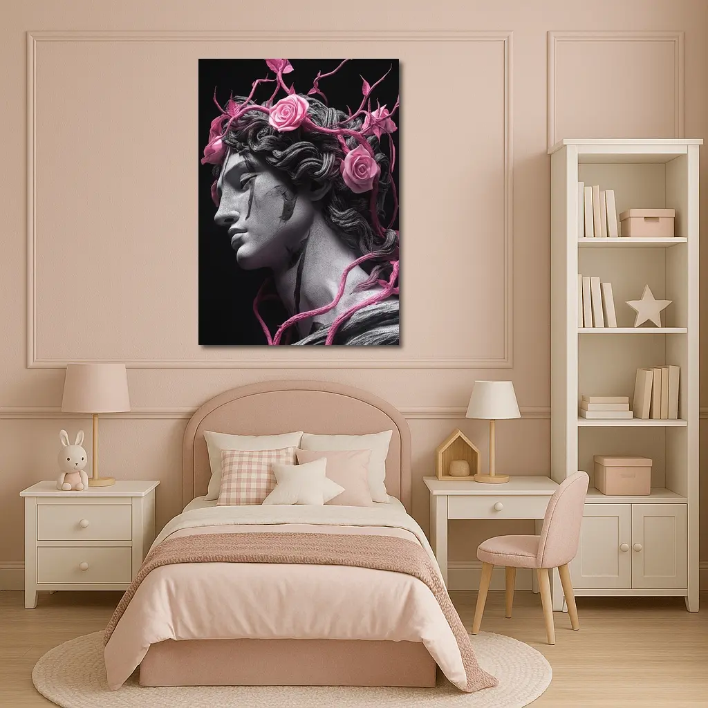 Greek Statue Pink Roses Dark Background – Wall Art