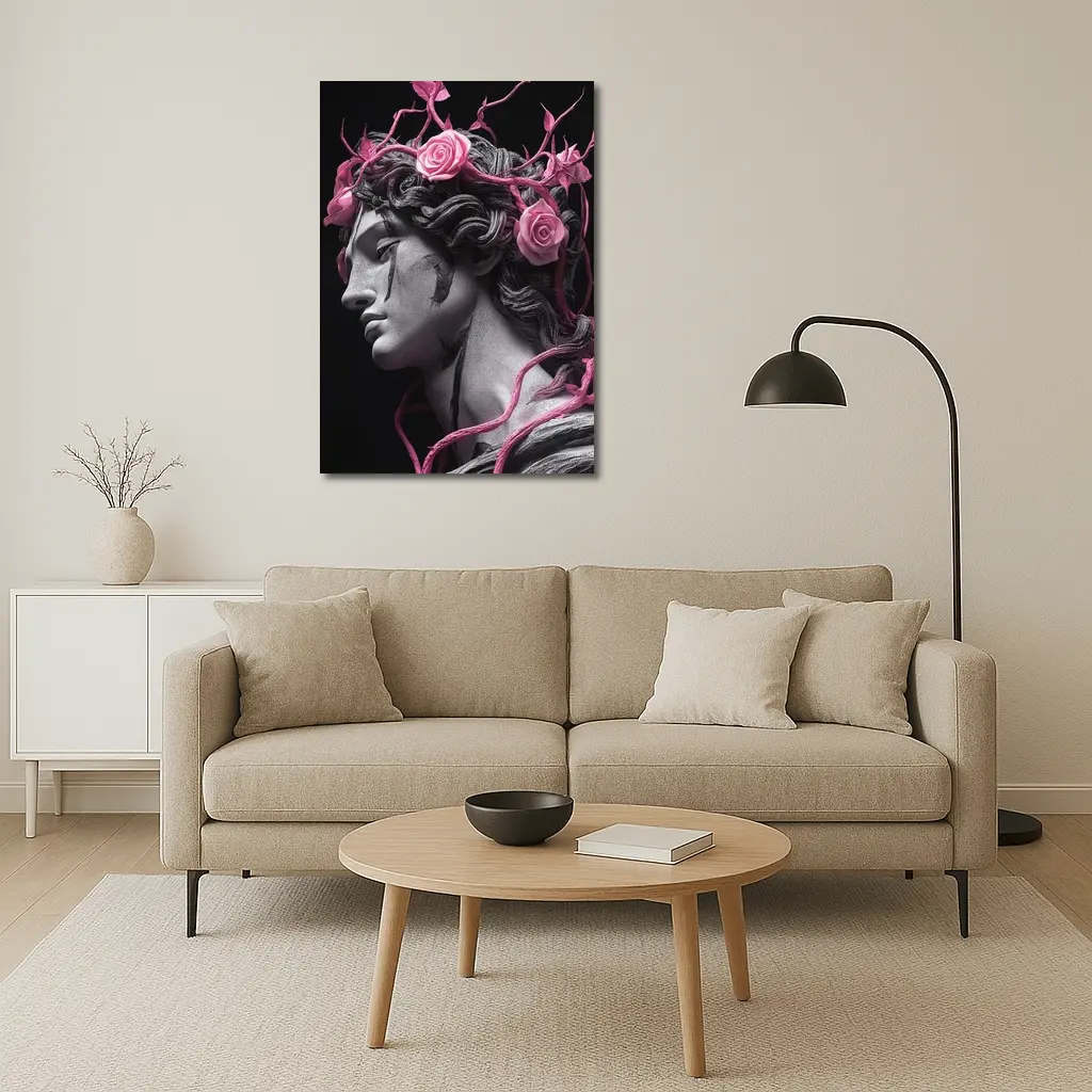 Greek Statue Pink Roses Dark Background – Wall Art