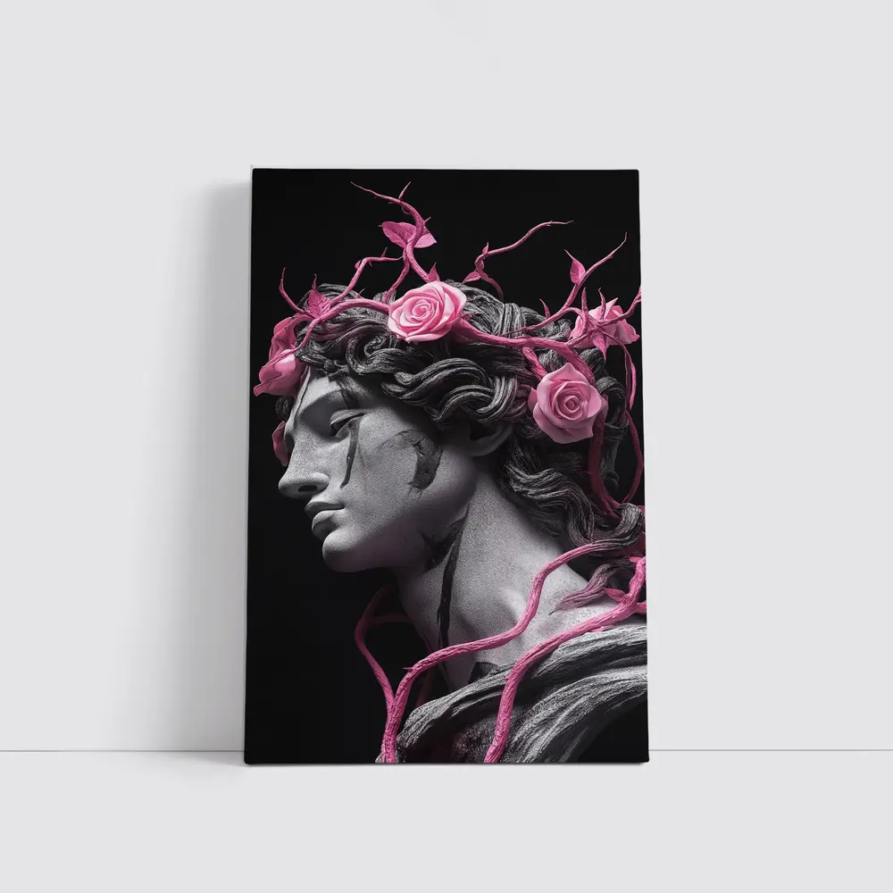 Greek Statue Pink Roses Dark Background – Wall Art