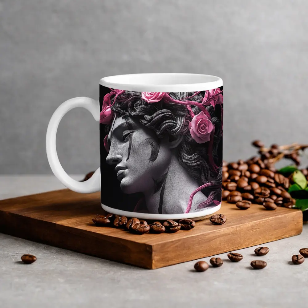 Greek Statue Pink Roses Dark Background – Mugs