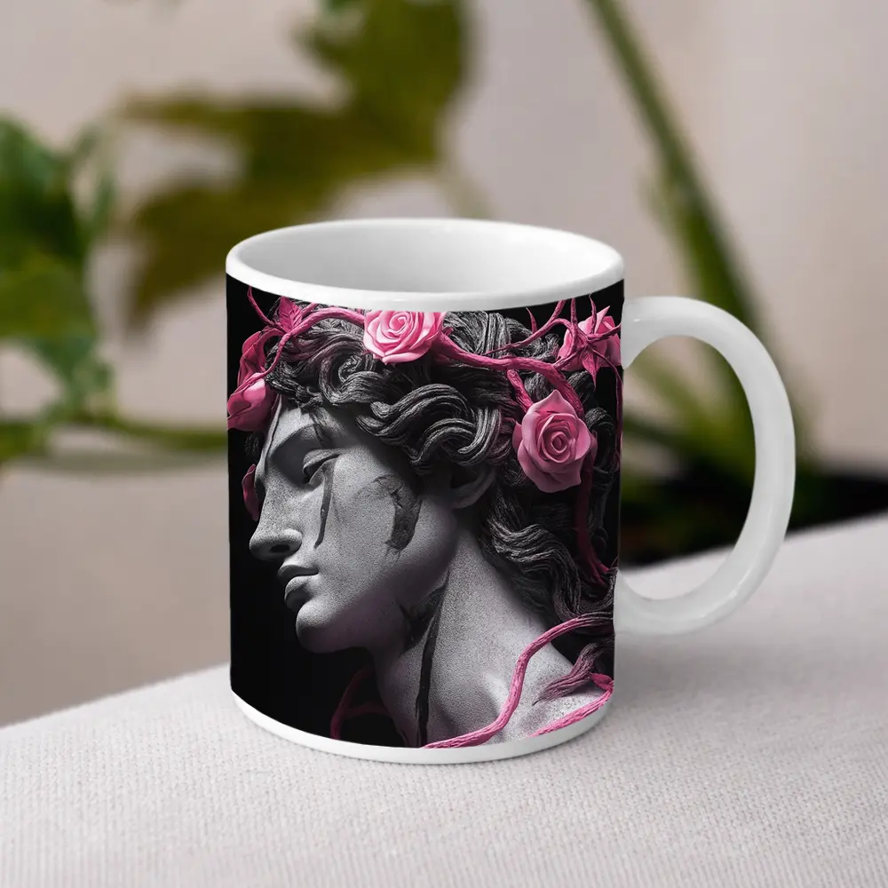 Greek Statue Pink Roses Dark Background – Mugs