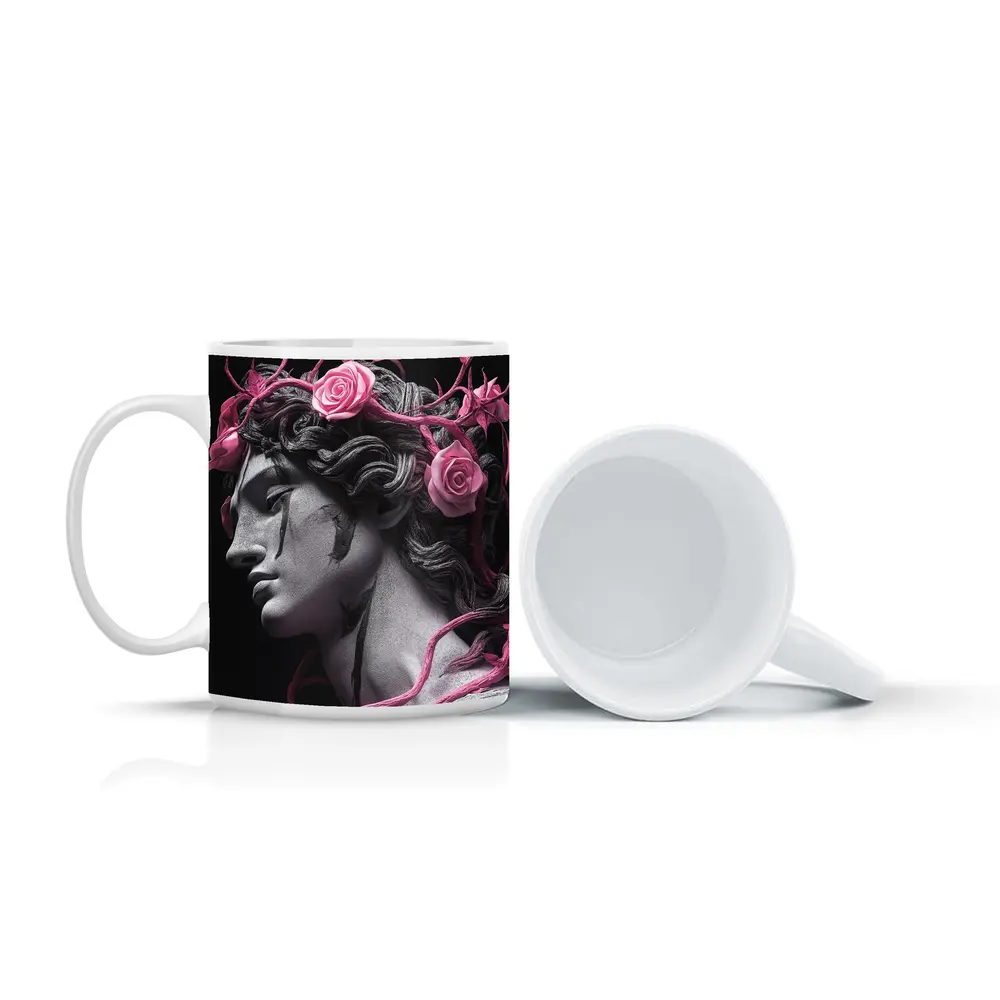 Greek Statue Pink Roses Dark Background – Mugs