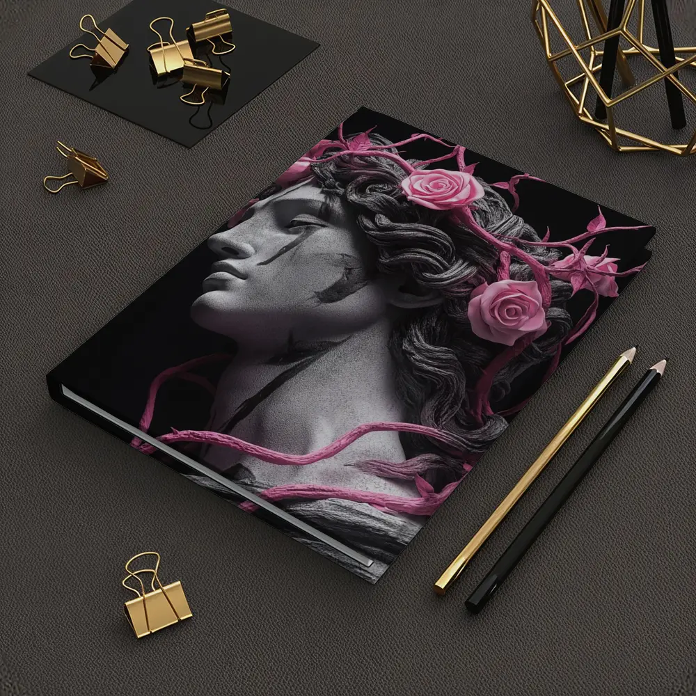 Greek Statue Pink Roses Dark Background – Notebooks