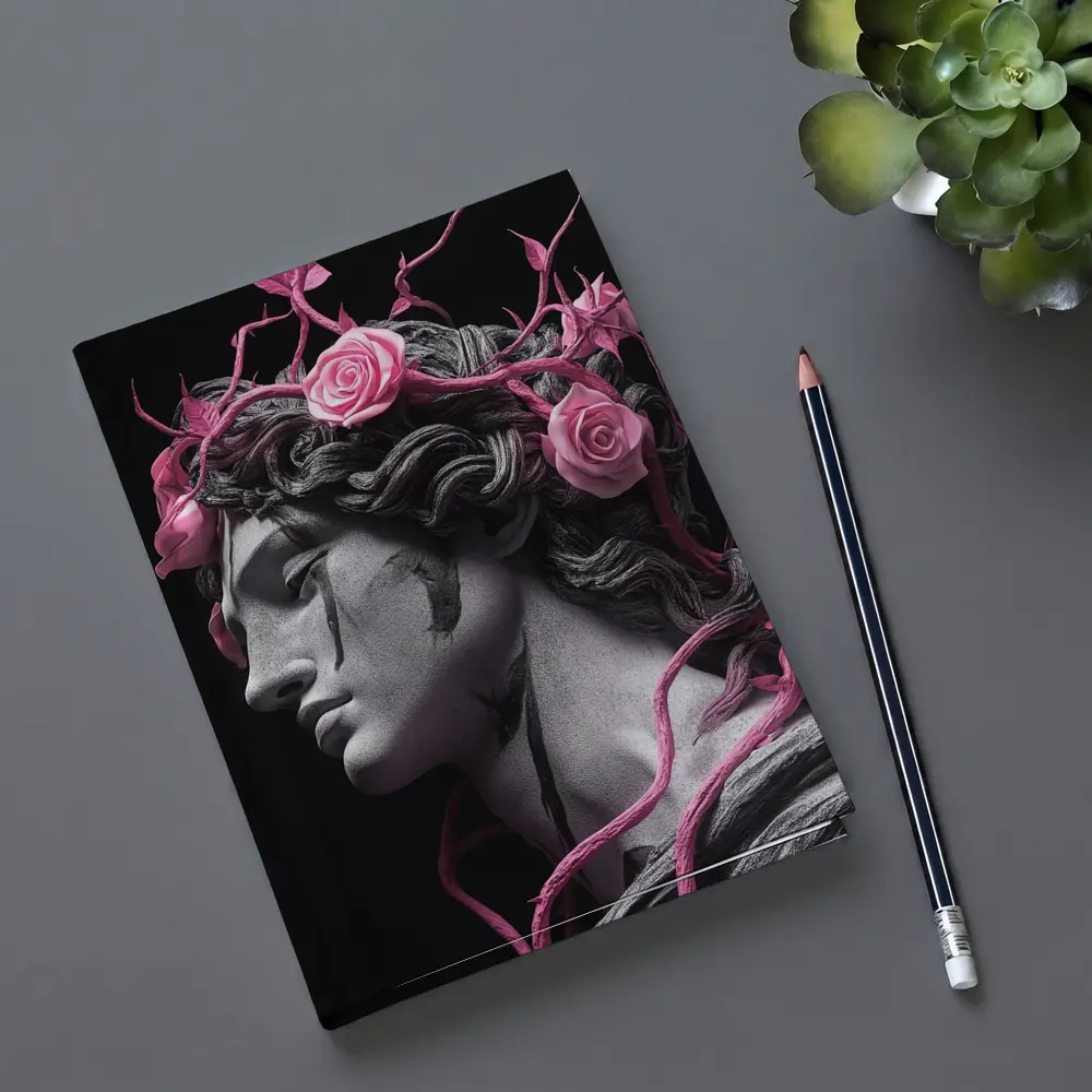 Greek Statue Pink Roses Dark Background – Notebooks
