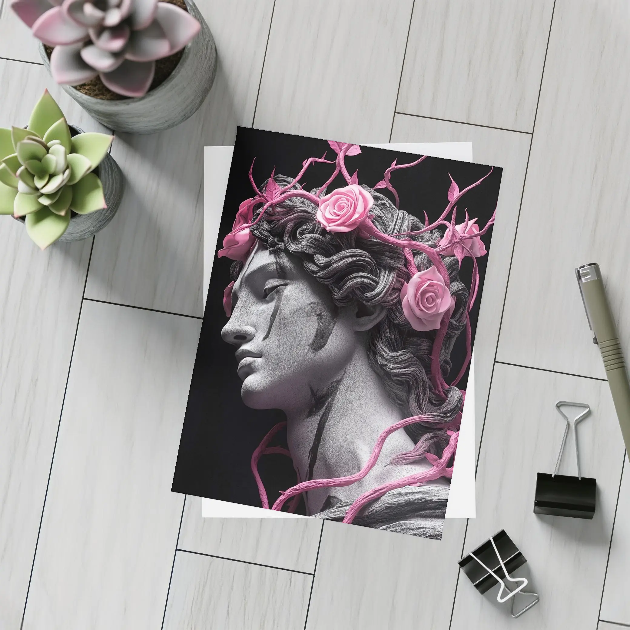 Greek Statue Pink Roses Dark Background – Postcards