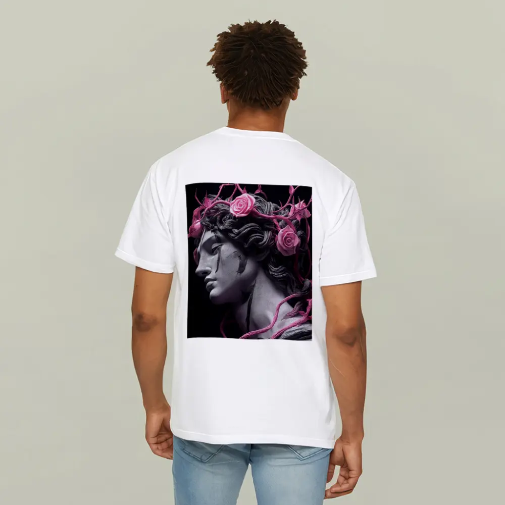 Greek Statue Pink Roses Dark Background – T-Shirts